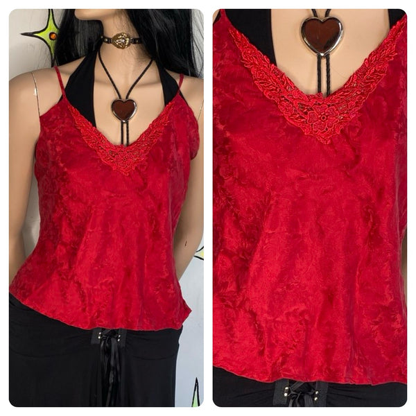 Vintage Silk Red Rose Lace Cami | Vamp Glam Romantic Goth Slip Top – L