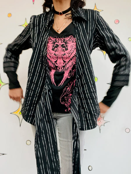 Vintage Y2K Black Pinstripe Wrap Top - Dark Academia Preppy Goth Office Siren M