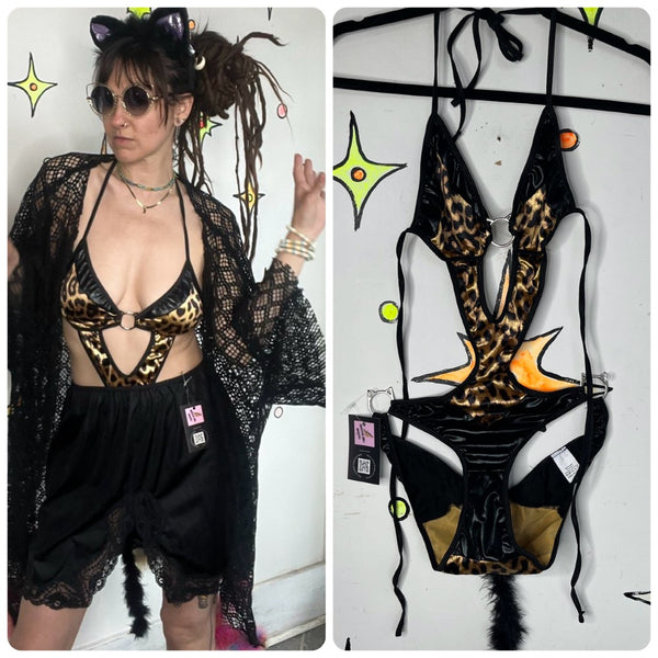 Y2K Leopard Print Kitty Teddy Play Suit Lingerie Bodysuit - M
