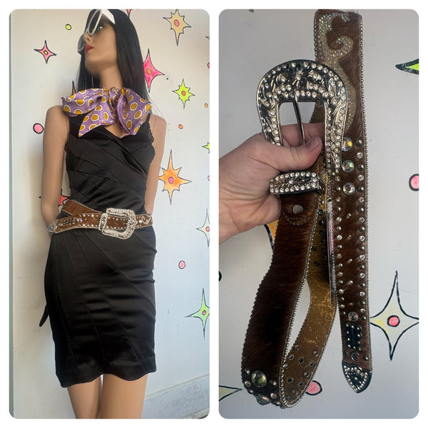 Y2K Rhinestone Belt Cowhide Leather Western Bling Cowgirl Glam Statement Belt