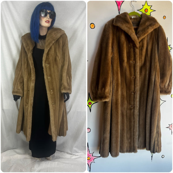 Vintage 60s 70s | Brown Faux Fur Coat Glam Pinup Long Mob Wife Coat