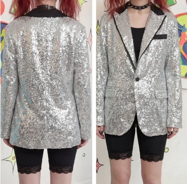 Vintage Silver Sequin Maximalist Smoking Jacket Men's Party Blazer Tuxedo XL