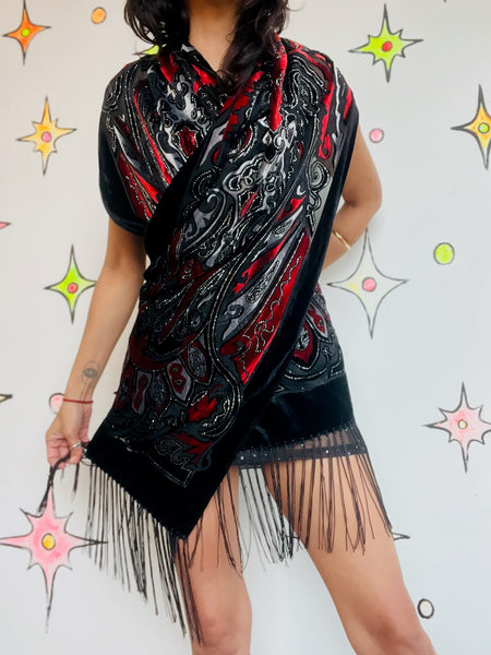 Vintage Black & Red Velvet Fringe Shawl Western Boho Flapper Witchy Goth Scarf