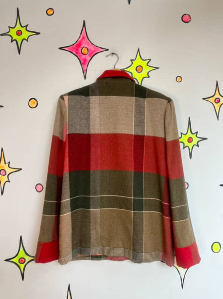 Vintage 80s Red & Green Tartan Plaid Wool Christmas Holiday Preppy Blazer – S