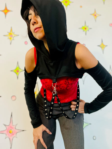 Y2K Black Goth Vixen Vamp Punk Metal Bondage Harness Crop Top Hoodie M