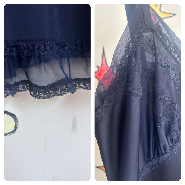Vintage 1950s 60s Navy Blue Lace Nylon Slip | Fairy Grunge Lingerie Dress S/M