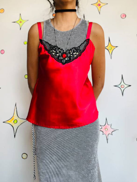 Vintage 90s Vampire Red Black Lace Cami Embellished Lingerie Fairy Goth Grunge M