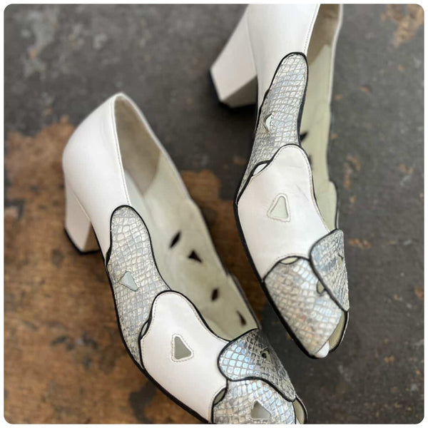 Vintage 80s White and Silver Snakeskin Leather Pumps | Italian Heels | 6.5/7