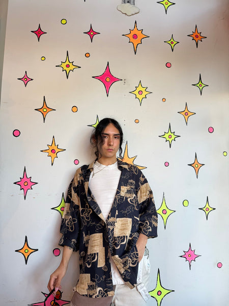 Vintage 90s Abstract Silk Shirt | Artsy Whimsy Goth Wearable Art Button Up L