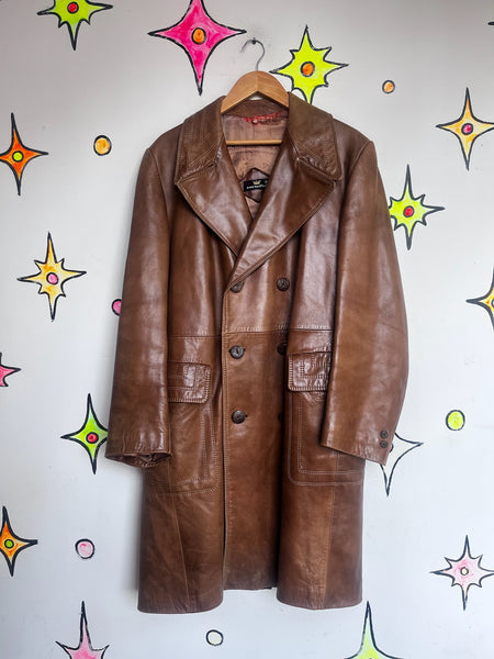 Vintage 70s Brown Leather Coat | Long Trench-Style Jacket | Worn-In Patina ML