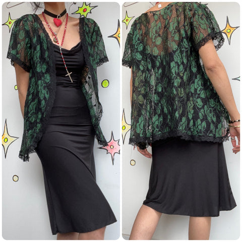 Vintage 70s 80s 90s Green & Black Fairy Grunge Babydoll Lace Boudoir Bed Jacket