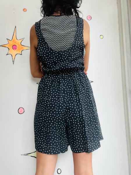 Vintage 80s Black & White Polka Dot Romper Mini Dress / Skort Whimsy Goth Small
