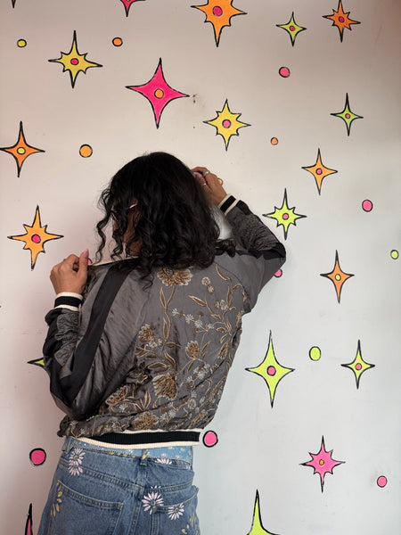 Embroidered Bomber Jacket Japanese Souvenir Jacket Y2K Glam Satin Sukajan S