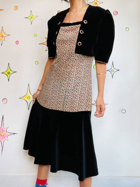 Vintage 40s Velvet Floral Print Dress | Secretary Rococo Goth, Boho Grunge | M/L