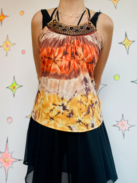 Y2K Orange Fairy Grunge Beaded Tie-Dye Halter Top – Vintage Boho Tee – XS/S