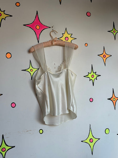 White Satin Lace Cami Y2K Lingerie As Outerwear Coquette Fairy Grunge Slip Top M