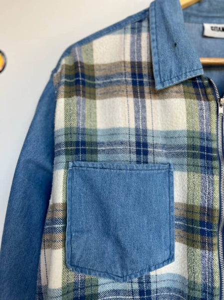 90s GITANO Denim and Plaid Flannel Long Sleeve Zip-Up Shirt | Grunge Boho | L