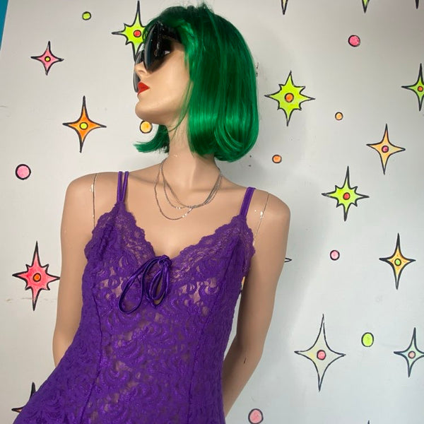 90s Vintage Purple Lace Slip Dress Delicates Gothic Romantic Mini - M