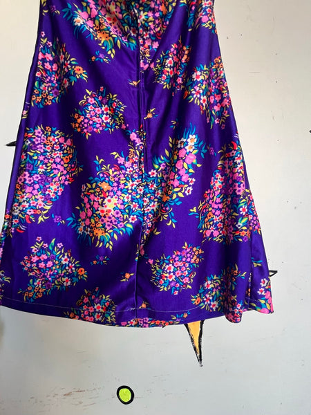60s Purple Floral Halter Mini Dress Rainbow Mod Psychedelic Go-Go Party Dress S