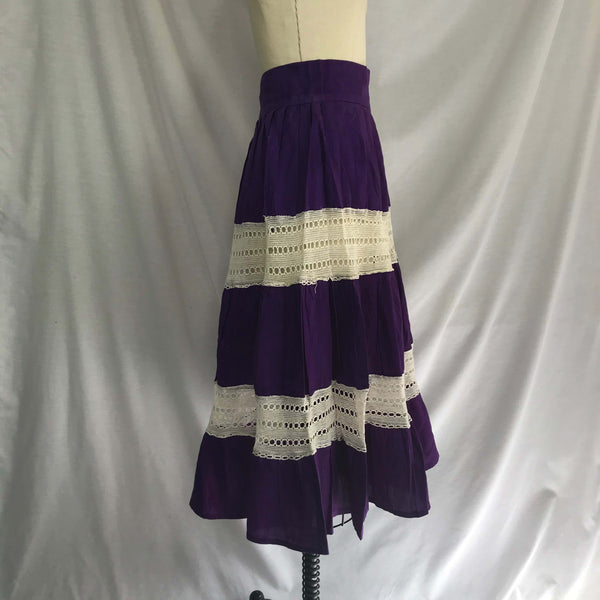 Vintage 60s 70s | Purple Boho Hippie Prairie Festival Cotton Woodstock Skirt | S
