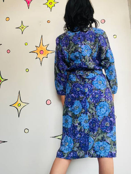 Vintage 1980s Purple Floral Batwing Secretary Dress - Boho Grunge Midi - Small