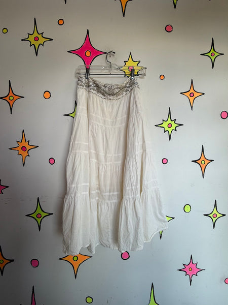 Y2K White Beaded Boho Midi Skirt Fairy Grunge Western Cowgirl Tiered L