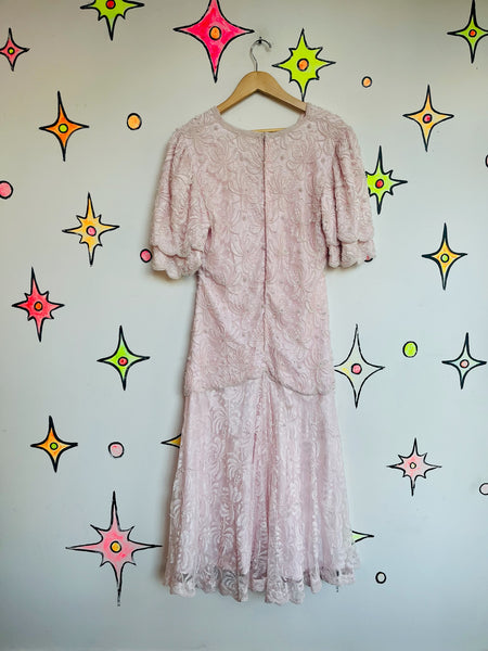 Vintage 80s Pink Pearl Beaded Lace Formal Gown Victorian Pastel Princess Dress M