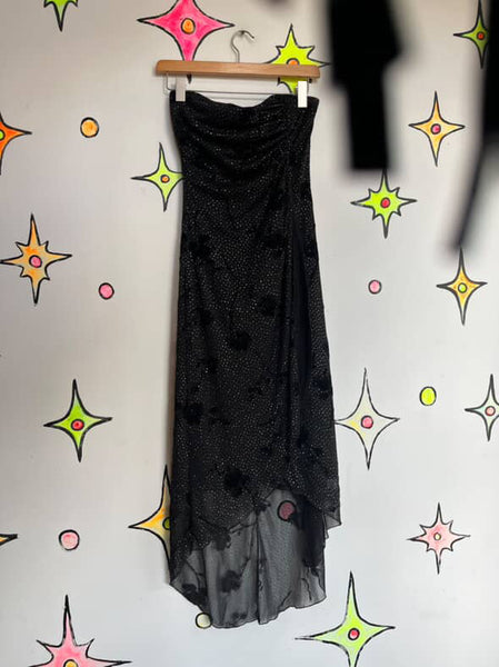 90s Y2K Black Glitter Strapless Fairy Goth Dress - Asymetric Hem Slip - Small
