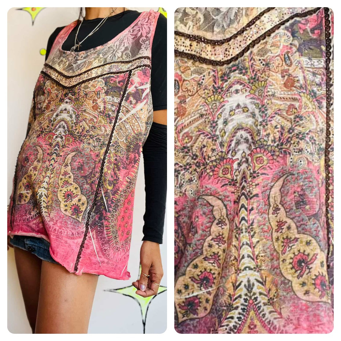 Y2K Tattoo Print McBling Embellished Tank Indie Sleaze Lace Fairy Grunge Top XL