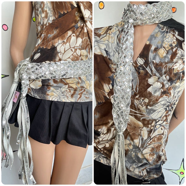 Y2K Metallic Silver Fringe Belt Western Glam Boho Disco Statement Sash / Scarf