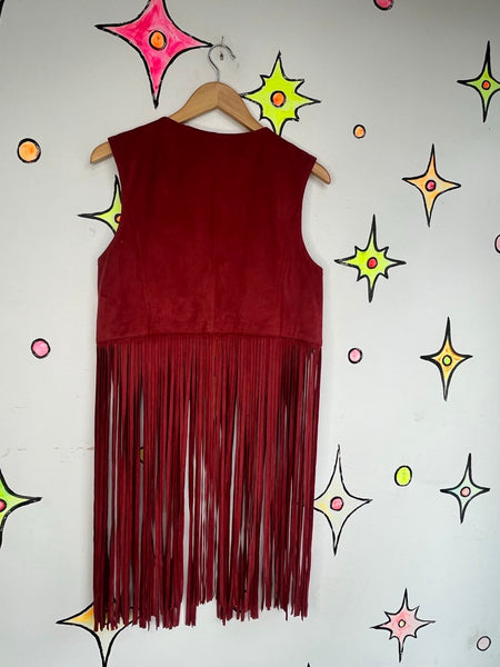 Red Vegan Suede Fringe Vest Western Glam Boho Grunge Festival Vest Cowgirl M