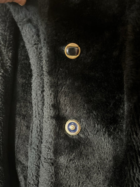 Vintage 70s Black Fluffy Vegan Faux Fur Teddy Bear Coat – Boho Glam Grunge - M/L