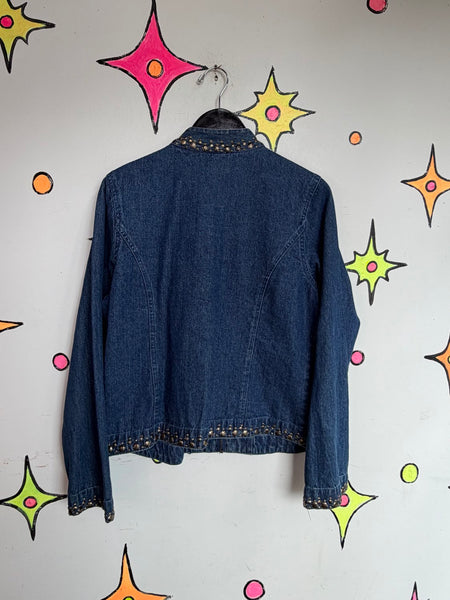 Y2K Beaded Denim Jacket | Embellished Rhinestone Indie Sleaze McBling Glam L