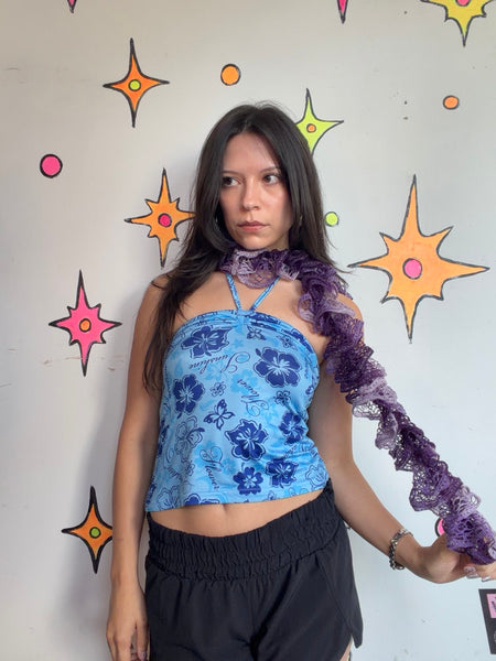 Y2K Purple Crochet Scarf Fairycore Shabby Chic Metallic Knit Wrap Ruffle Boa