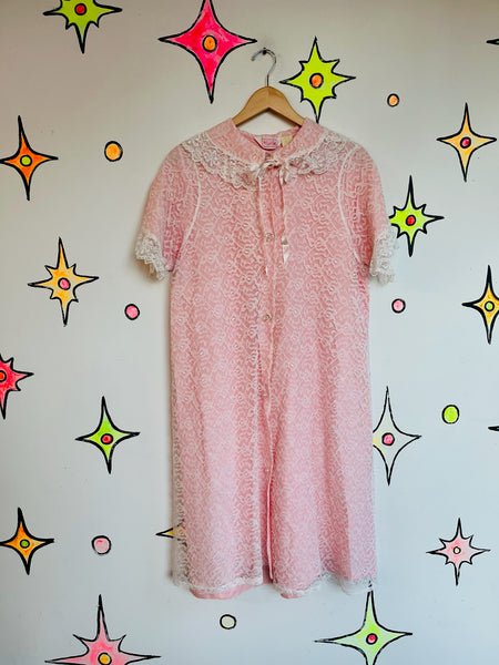 Vintage White Lace Pink Robe Victorian Romantic Babydoll Pegnoir Bed Jacket S/M