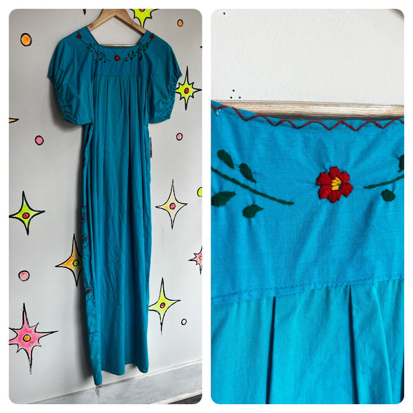 Vintage 60s 70s | Blue Boho Oaxacan Mexican Hand Embroidered Festival Dress