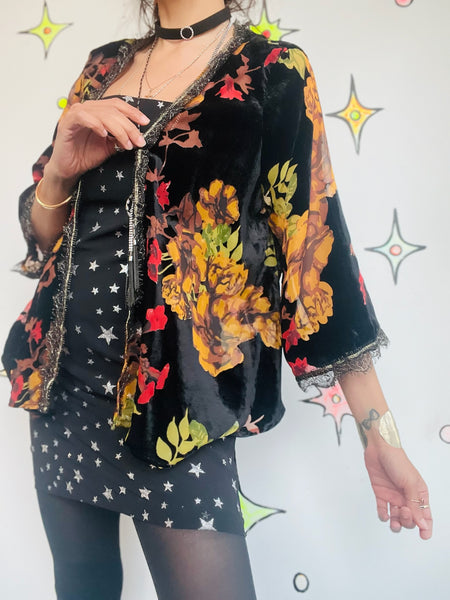 Black Velvet Kimono Floral Burnout Shimmer | Sheer Witchy Whimsy Goth Fairy | L