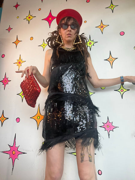 Black Sequin Fringe Flapper Dress 1920s Gatsby Party Dress Speakeasy Mini ML
