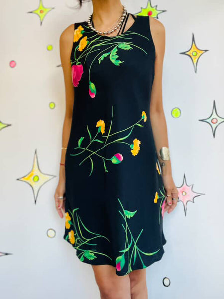 90s Y2K Whimsy Goth Floral Mini Dress – Fairy Grunge Boho Witchcore – S