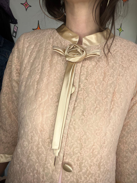 Vintage 50s 60s Pastel Pink Quilted Lounge Babydoll Nighty Robe Cozy Housecoat S