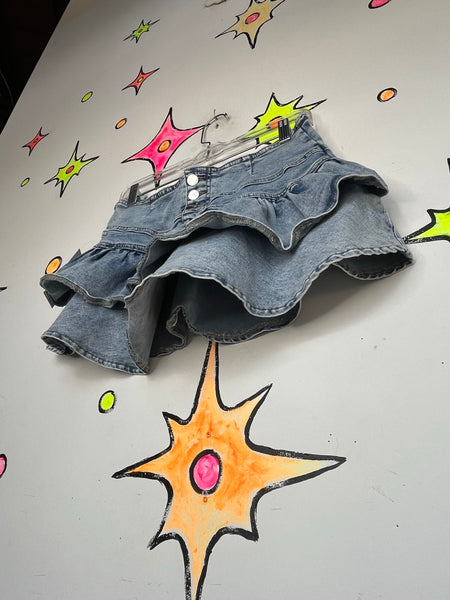 Y2K Stretch Denim Ruffle Mini Skirt Micro Skirt Baddie McBling Core S/M