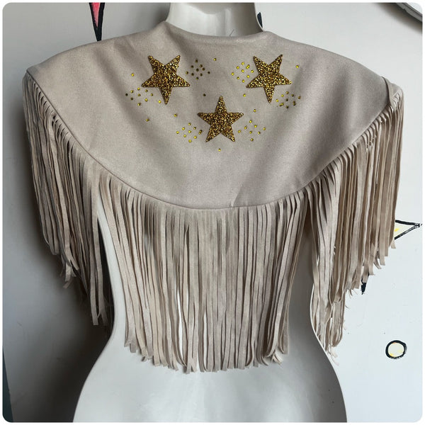 Retro Western Embellished Off White & Gold Faux Suede Fringe Collar Capelet