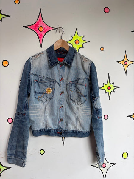Vintage Y2K Ecko Denim Jacket Lightwash Distressed Embroidered Cyber Grunge M