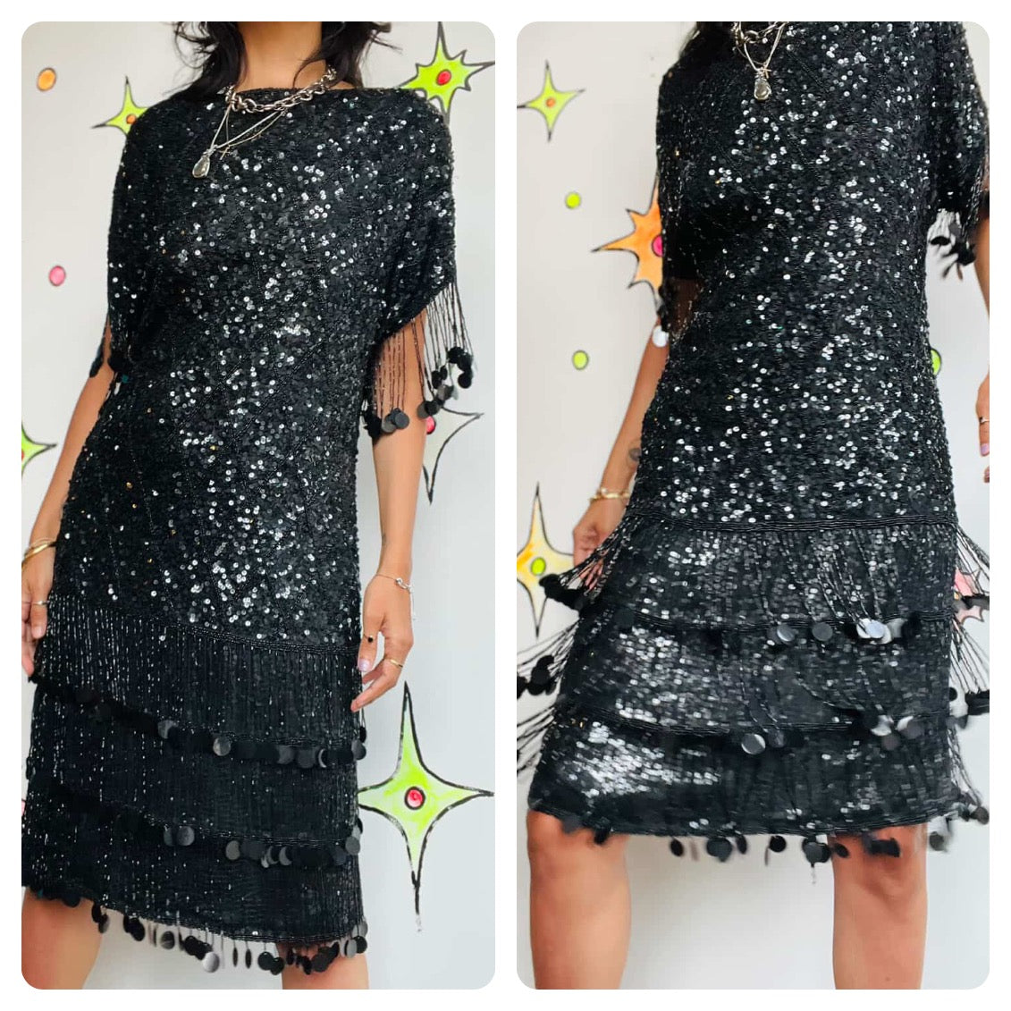 Vintage 80s Neiman Marcus Black Beaded Fringe Dress 20s Inspired Disco Glam