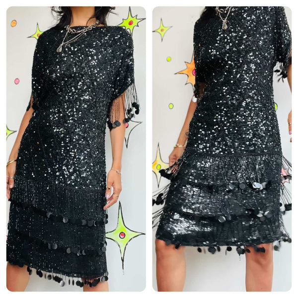 Vintage 80s Neiman Marcus Black Beaded Fringe Dress 20s Inspired Disco Glam