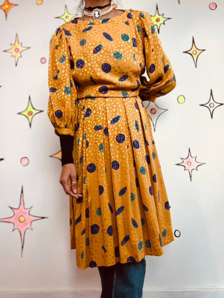 Vintage 80s Rainbow Silk Wearable Art Goddess Secretary Dress Set – Small