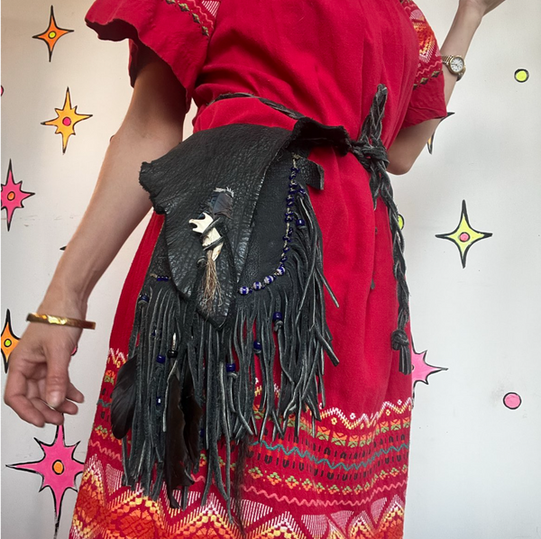 Vintage Leather Witch Bag Medicine Pouch Bone Feather Boho Goth Fringe Western