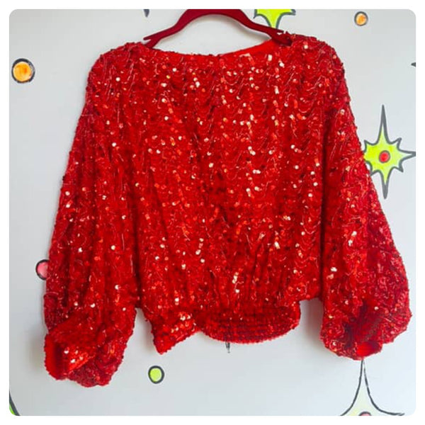 Vintage 70s 80s Red Sequin Disco Glam Clown Dolman Sleeve Blouse Top Free Size
