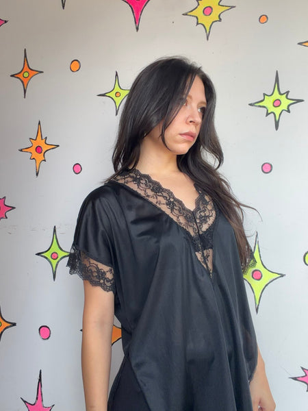 Vintage 70s 80s Black Nylon Lingerie Blouse Boudoir Goth Romantic Layering Top L