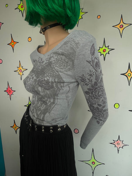 Y2K Long Sleeve Baby Tee Tattoo Print Fairy Grunge Graphic Cyber Streetwear S